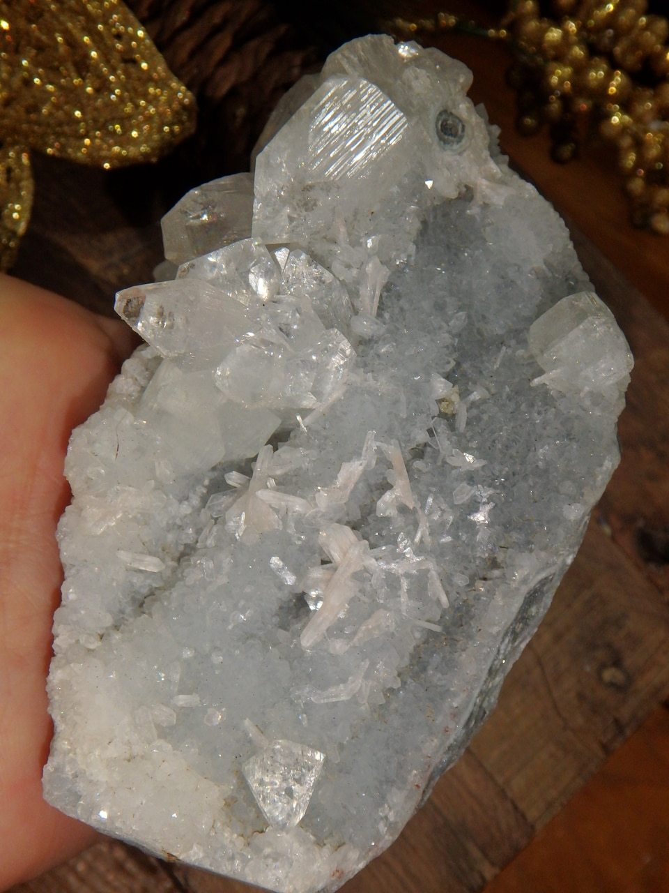 Large Shimmering Clear Apophyllite & Quartz With Dusting of Pink Stilbite Specimen - Earth Family Crystals