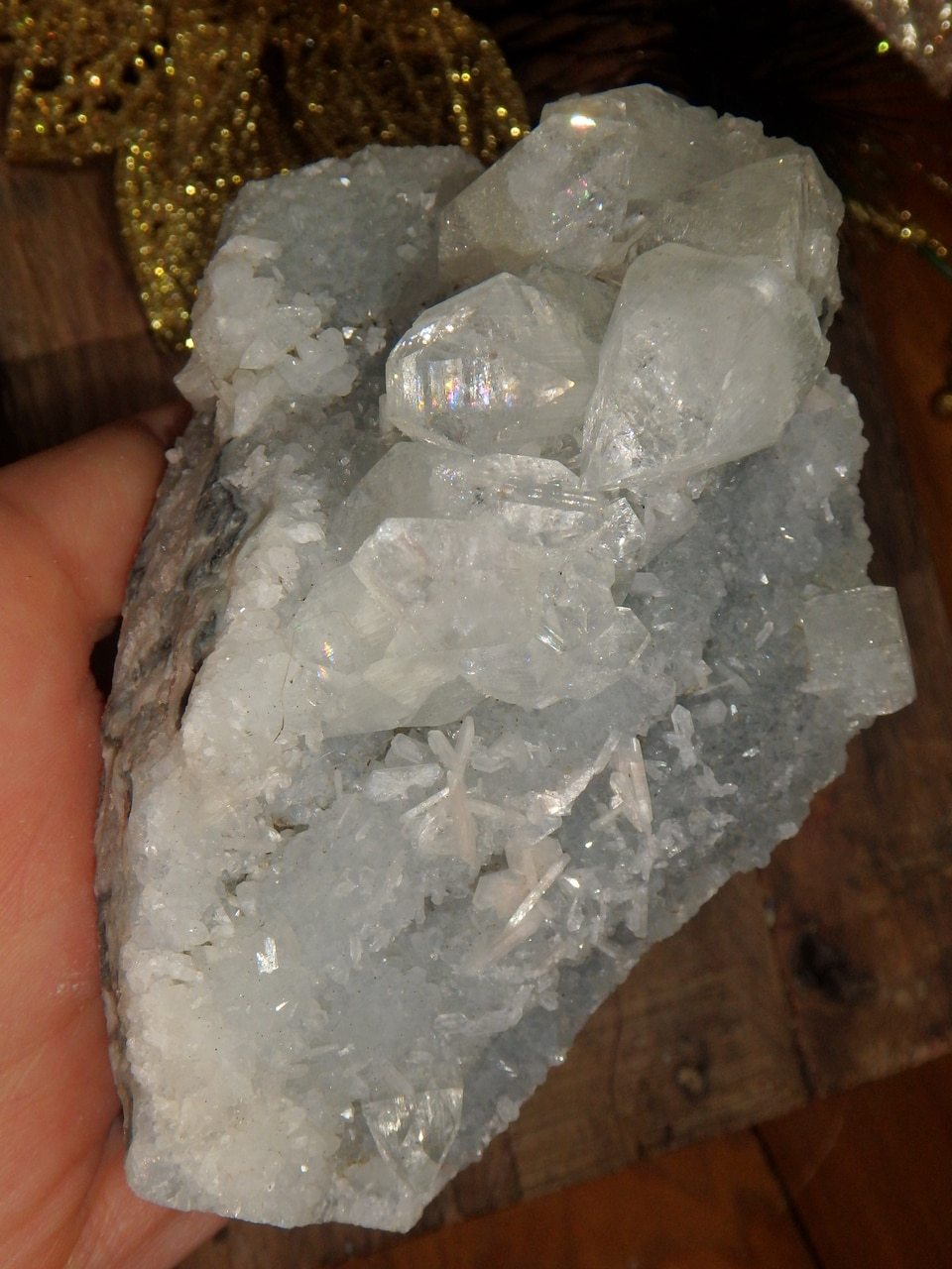 Large Shimmering Clear Apophyllite & Quartz With Dusting of Pink Stilbite Specimen - Earth Family Crystals