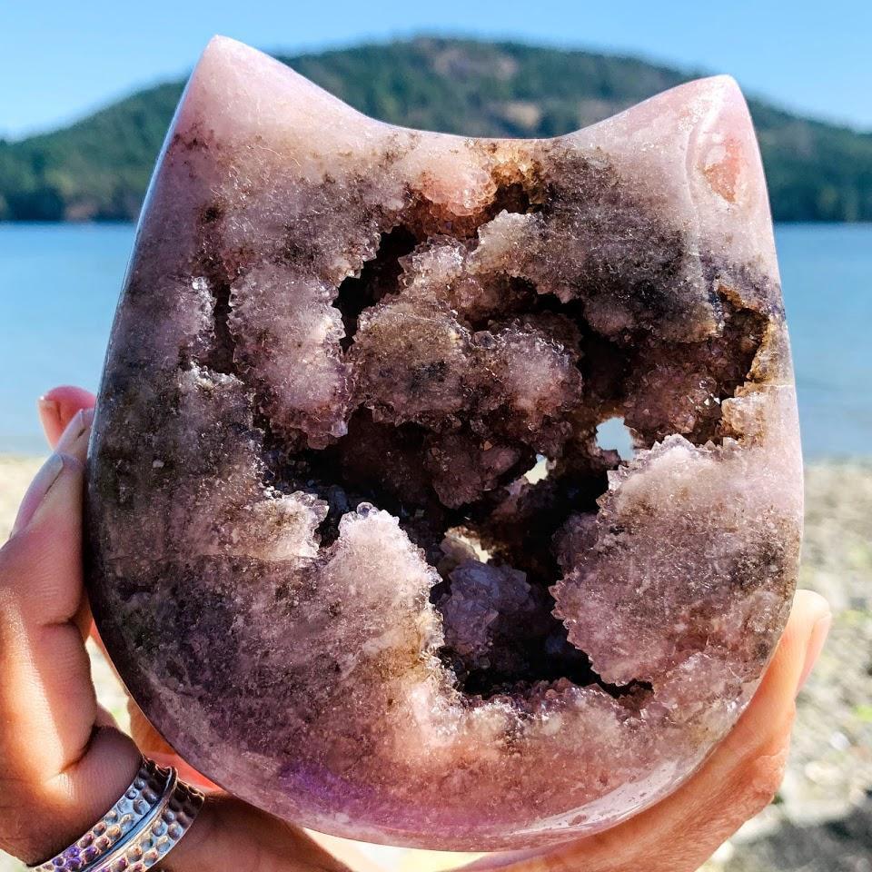  Adorable XXL Pink Amethyst Druzy Cat Head Geode Carving