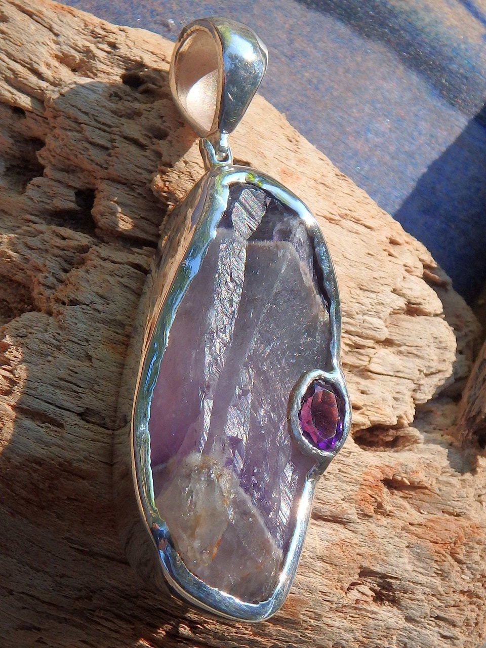  Custom Crafted! Chunky Genuine Raw Purple Auralite-23 & Faceted Amethyst Accent Stone  Pendant in Sterling Silver (Includes Silver Chain)