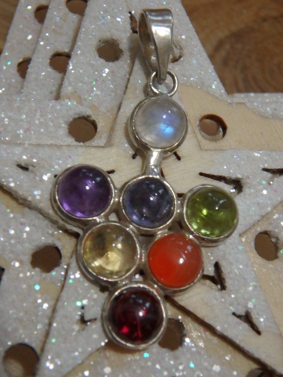 Lovely 7 Stone Polished Chakra Pendant in Sterling Silver (Includes Silver Chain) 1 - Earth Family Crystals