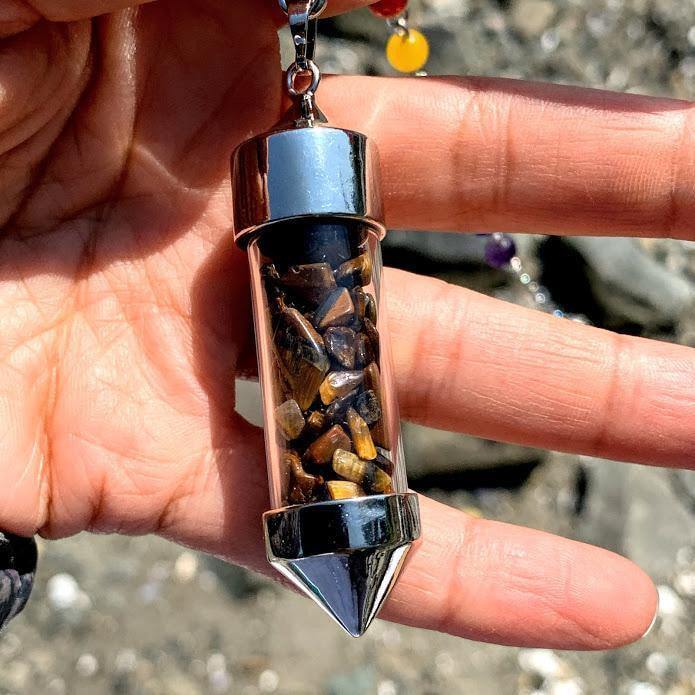  3 in 1 Tiger Eye Crystal Chips Point Pendulum With Detachable Chakra Bead Chain (Use as a  Pendant, Bracelet & Pendulum)