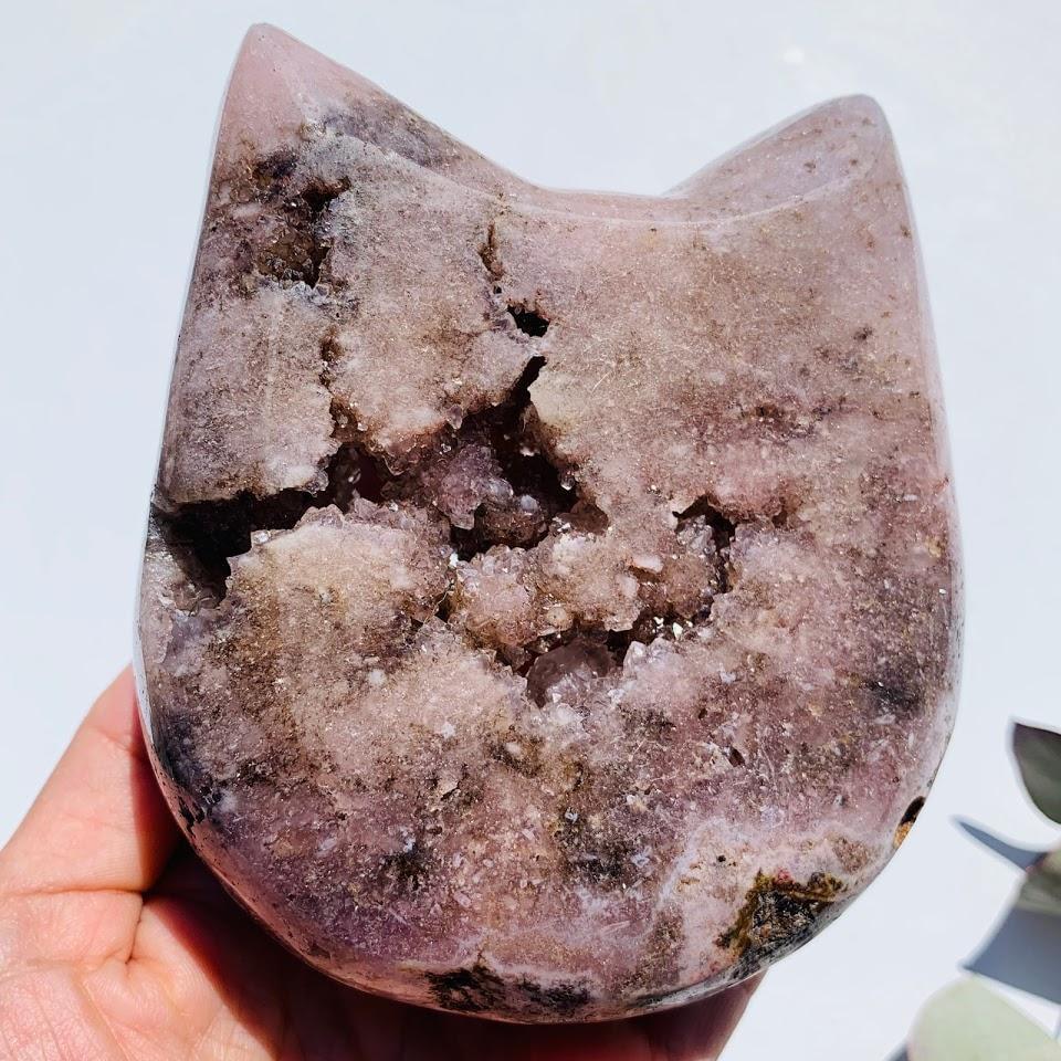  Adorable XXL Pink Amethyst Druzy Cat Head Geode Carving