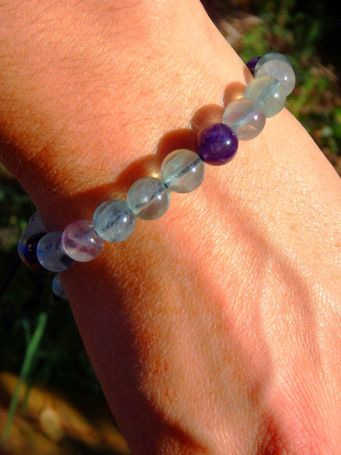  Brilliant Rounded Beads Rainbow Fluorite Adjustable Bracelet