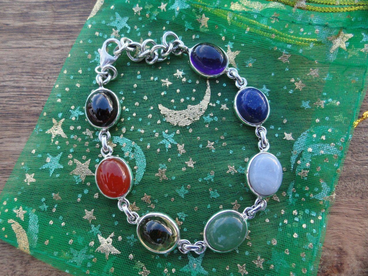  Beautiful CHAKRA BRACELET In Sterling Silver *  (Citrine, Garnet, Carnelian, Aventurine, Blue lace agate, Lapis Lazuli, Amethyst)