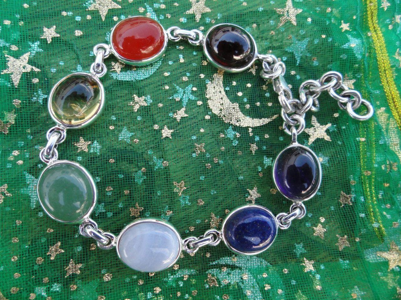  Beautiful CHAKRA BRACELET In Sterling Silver *  (Citrine, Garnet, Carnelian, Aventurine, Blue lace agate, Lapis Lazuli, Amethyst)