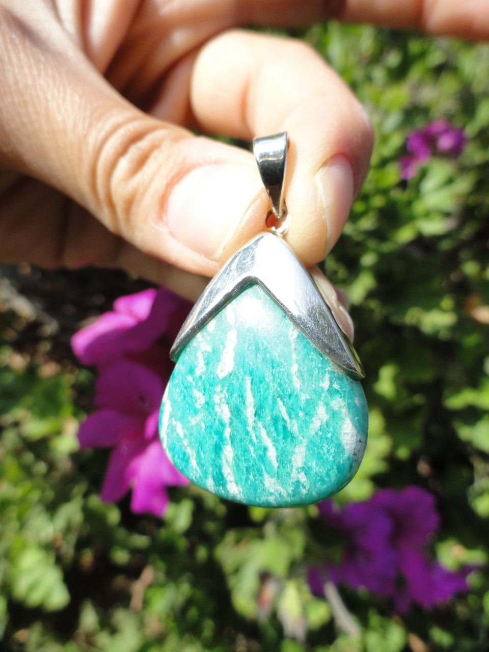 High Quality Caribbean Blue AMAZONITE PENDANT In Sterling Silver ~Enhancing loving communication, Healing (Includes Free Silver Chain) - Earth Family Crystals