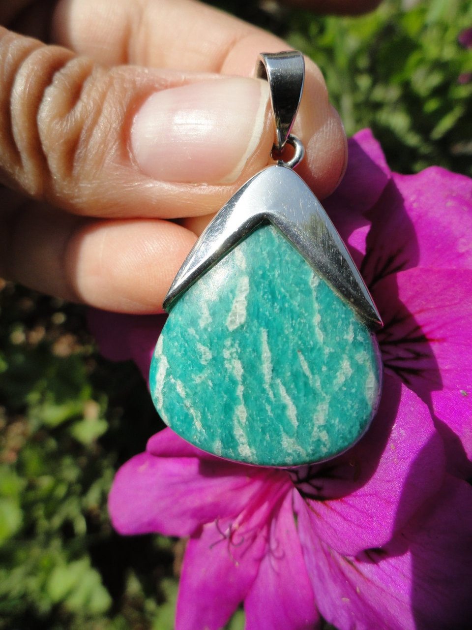 High Quality Caribbean Blue AMAZONITE PENDANT In Sterling Silver ~Enhancing loving communication, Healing (Includes Free Silver Chain) - Earth Family Crystals