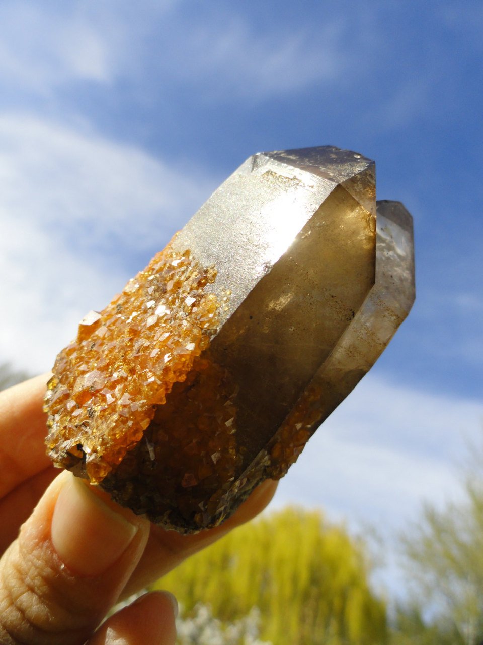 Gorgeous Natural Twin SMOKY QUARTZ Cluster With SPESSARTINE Garnet* - Earth Family Crystals
