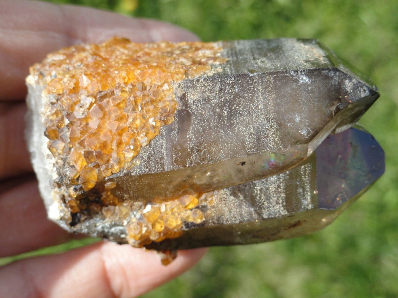 Gorgeous Natural Twin SMOKY QUARTZ Cluster With SPESSARTINE Garnet* - Earth Family Crystals