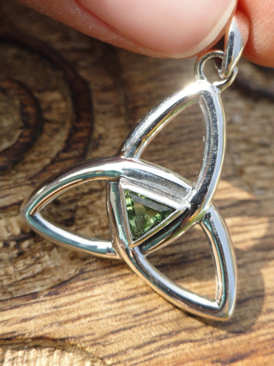 High Quality MOLDAVITE TRIQUETRA Sterling Silver Pendant * Includes Free Silver Chain* - Earth Family Crystals
