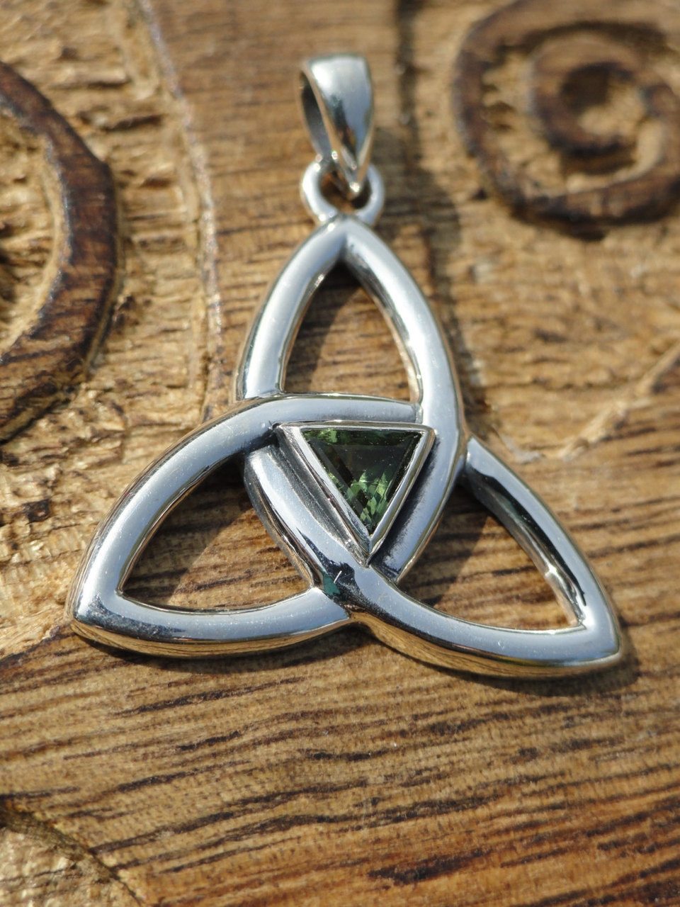 High Quality MOLDAVITE TRIQUETRA Sterling Silver Pendant * Includes Free Silver Chain* - Earth Family Crystals