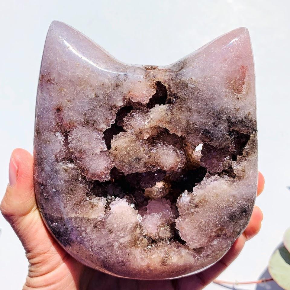  Adorable XXL Pink Amethyst Druzy Cat Head Geode Carving