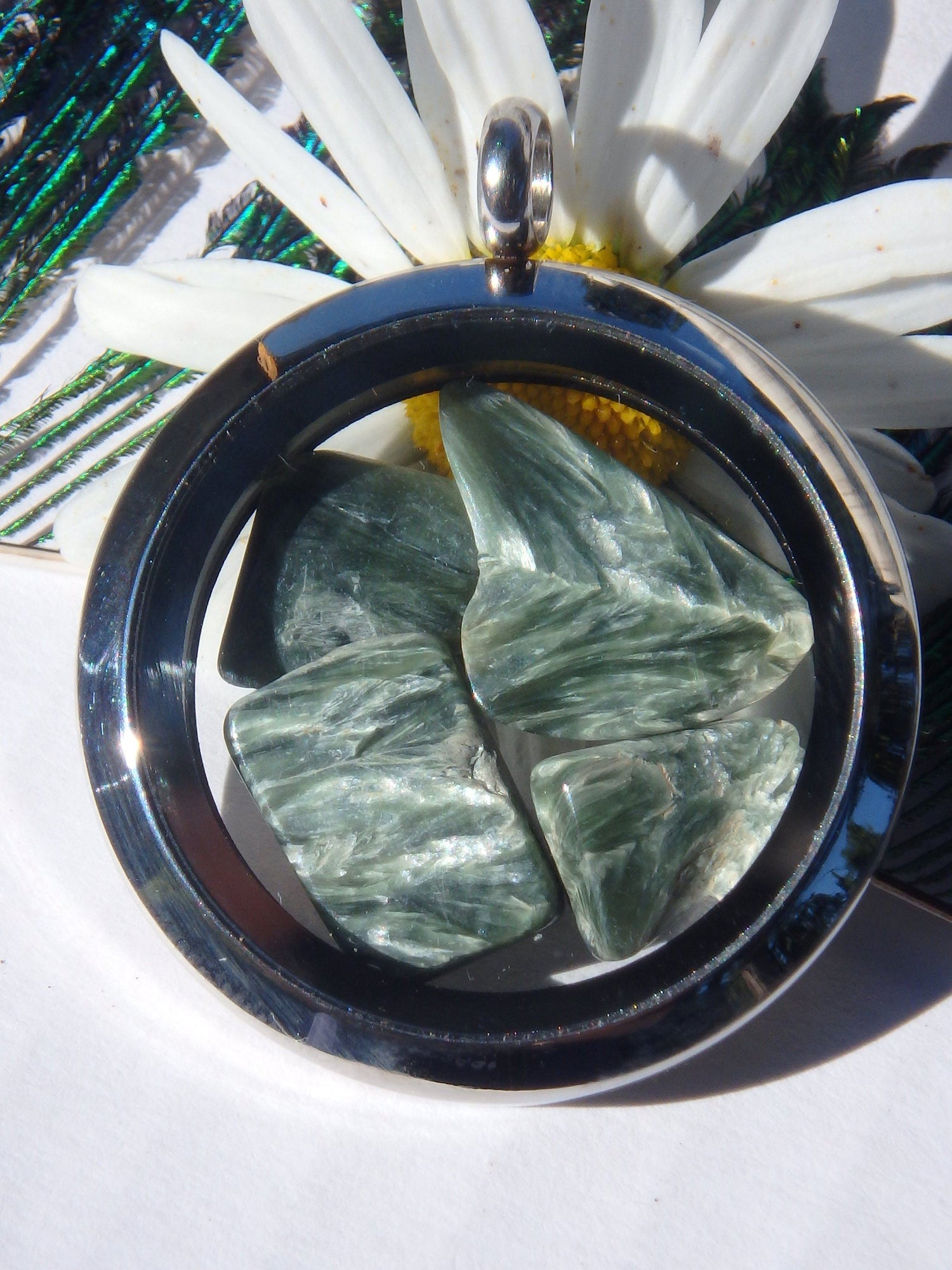  Angel Wings Seraphinite Floating in Locket Style Stainless Steel Pendant (Includes Silver Chain)