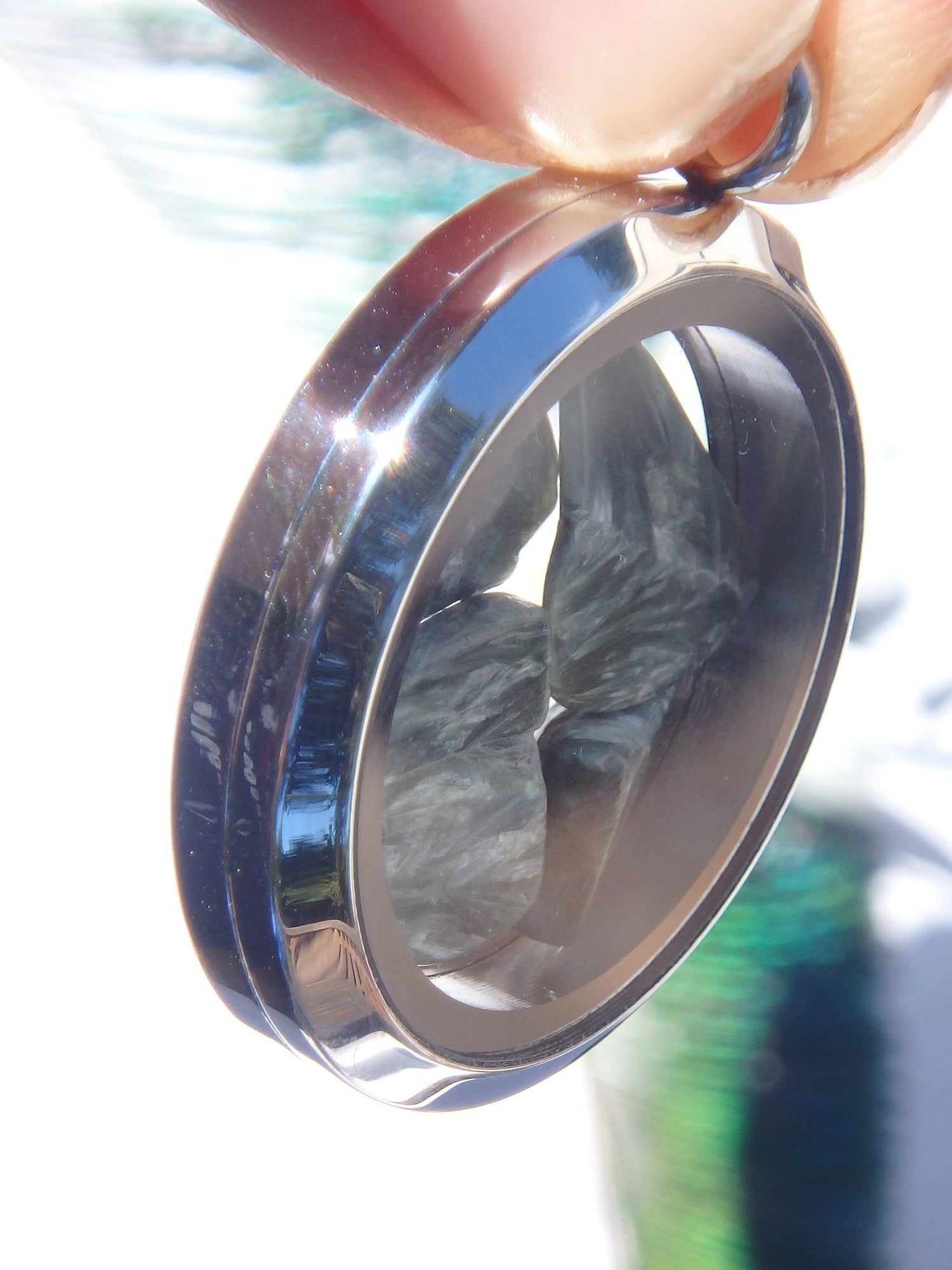  Angel Wings Seraphinite Floating in Locket Style Stainless Steel Pendant (Includes Silver Chain)