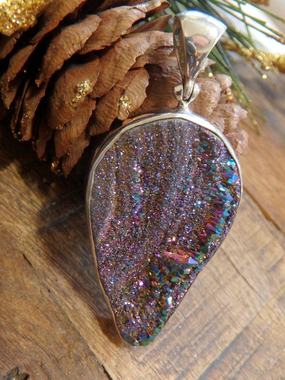  Breathtaking Titanium Chalcedony Druzy Gemstone Pendant in Sterling Silver (Includes Silver Chain)