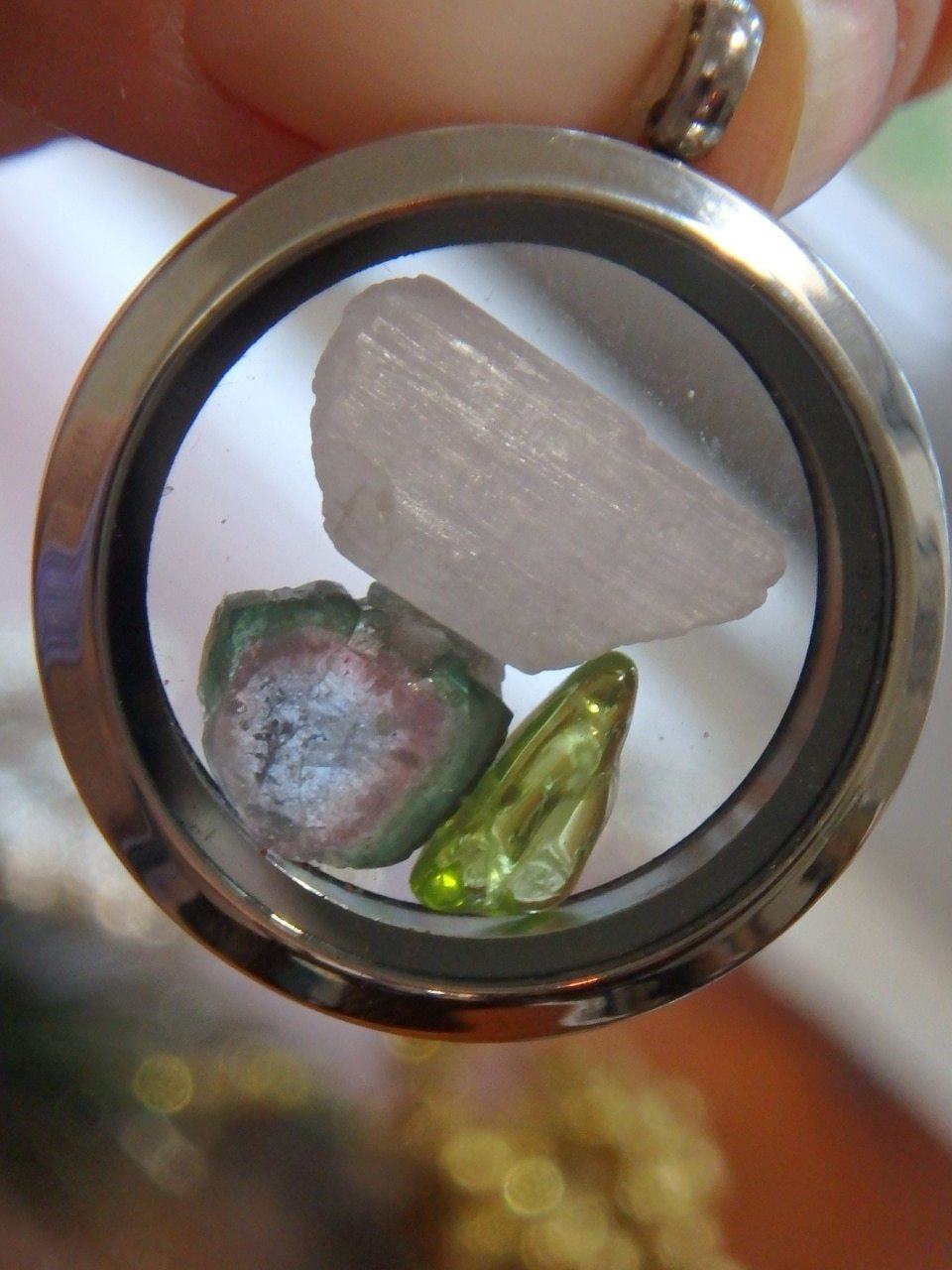  Beautiful Trio! Pink Kunzite, Watermelon Tourmaline, Peridot Floating Gems in Locket Style Stainless Steel Pendant (Includes Silver Chain)