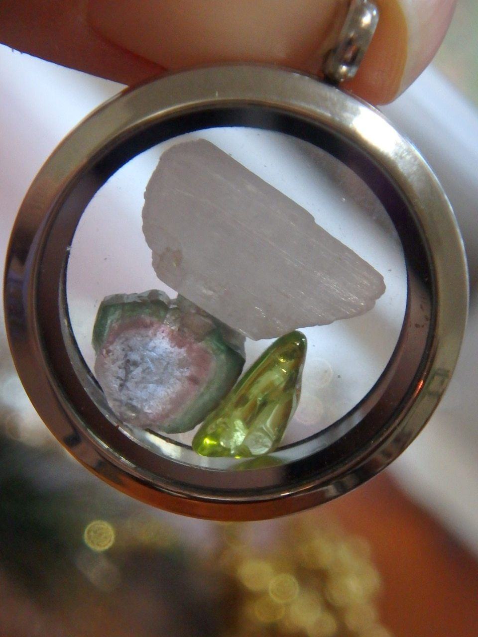  Beautiful Trio! Pink Kunzite, Watermelon Tourmaline, Peridot Floating Gems in Locket Style Stainless Steel Pendant (Includes Silver Chain)