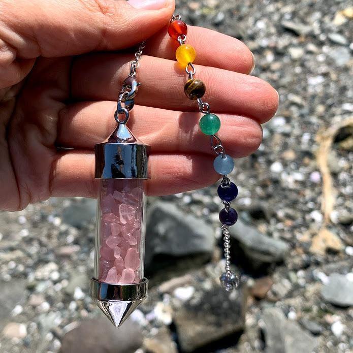  3 in 1 Rose Quartz  Crystal Chips Point Pendulum With Detachable Chakra Bead Chain (Use as a  Pendant, Bracelet & Pendulum)