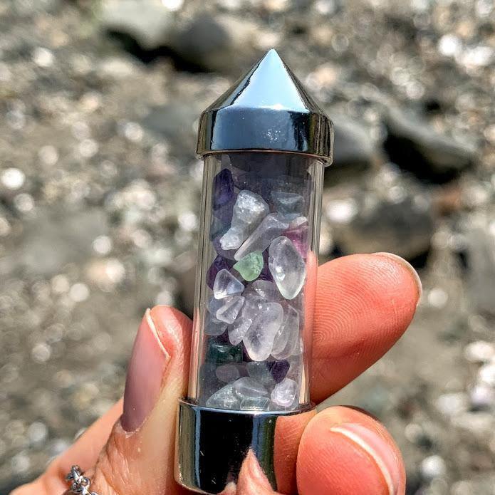  3 in 1 Rainbow Fluorite Crystal Chips Point Pendulum With Detachable Chakra Bead Chain (Use as a  Pendant, Bracelet & Pendulum)