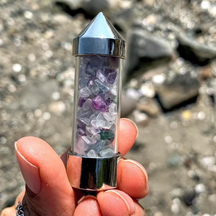  3 in 1 Rainbow Fluorite Crystal Chips Point Pendulum With Detachable Chakra Bead Chain (Use as a  Pendant, Bracelet & Pendulum)